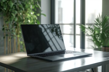Fototapeta premium Laptop mockup on table in minimalist style workplace