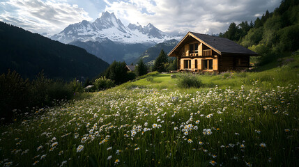 Fototapeta premium A cozy alpine cabin with wooden shutters, set against a backdrop of snowy peaks and green alpine meadows filled with wildflowers.