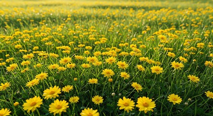 Obraz premium Field of Yellow Flowers Blooming in Green Grass