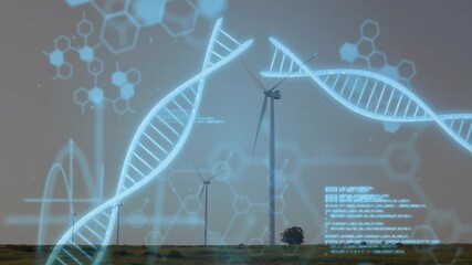 Digital DNA helix floating above wind farm at dusk, showing turbines, molecules, data code in 3D - Powered by Adobe