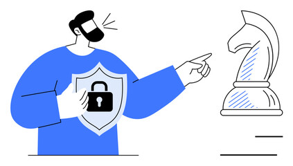 Man holding security shield, pointing to chess knight as strategic planning metaphor. Ideal for cybersecurity, strategy, decision-making, protection, risk management, leadership business. Flat