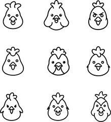 Chicken Face Outline Vector Set. Cute Farm Bird Line Art Icons for Crafts and Design