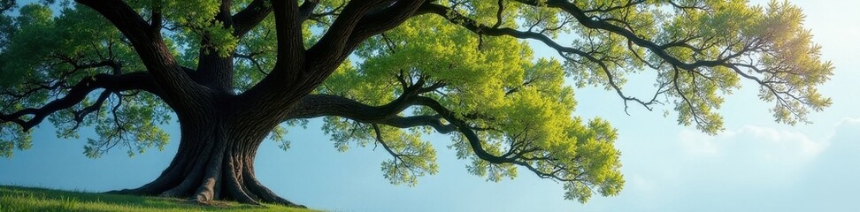 Obraz premium Majestic oak, vibrant green foliage on one side, stark snowy branches on the other , picture, artwork, scenic