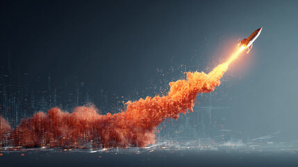 A stunning, ultra-high-definition digital artwork depicting a rocket ship taking off, leaving behind a fiery trail that resembles an upward-slanting line graph.  Generative AI