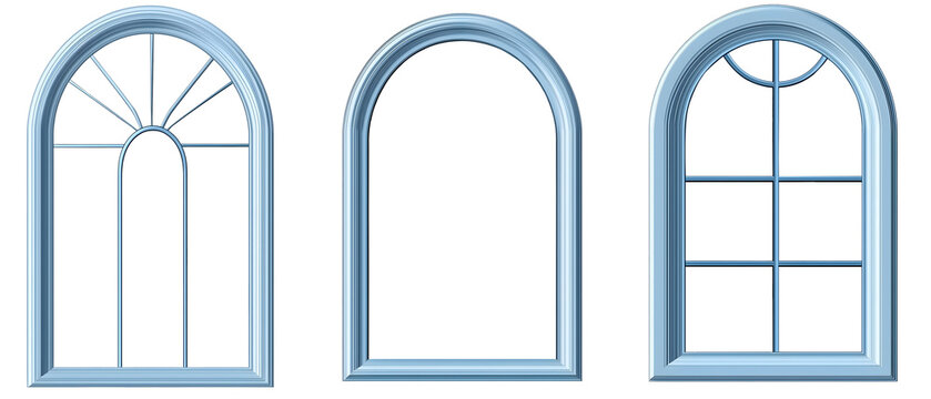 three classic vintage window frames in blue color isolated png transparent cutout