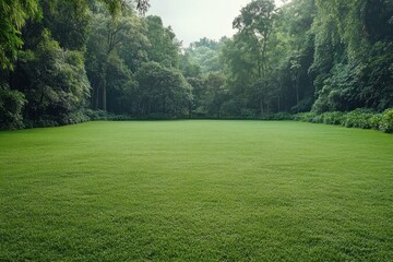 Obraz premium Lush green lawn surrounded by dense forest in a serene nature setting during the early morning hours