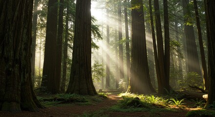 A scenic view of sunlight streaming through tall trees in a dense green forest with a path visible