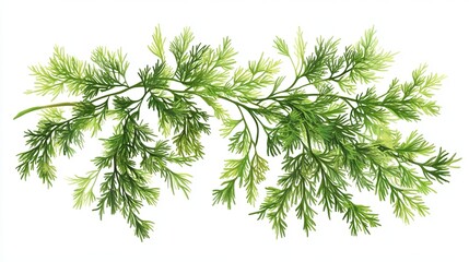 Fototapeta premium A sprig of green dill leaves on a white background with delicate feathery foliage in a botanical style
