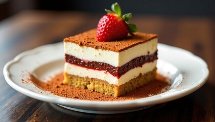 Close-up of individual tiramisu portion, dusted cocoa , light, isolated