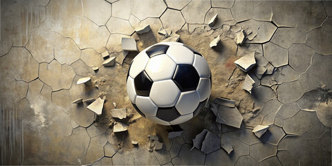A soccer ball breaks through a cracked concrete wall, showcasing a dynamic and energetic scene. The cracks highlight the force and excitement associated with the game of soccer