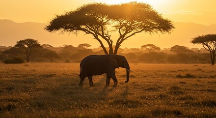 An elephant walking in the savanna at sunset with a tree in the background and golden light shining through it