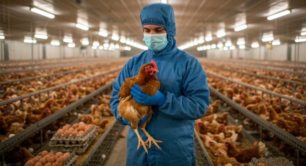 Worker in blue suit holding chicken at poultry farm