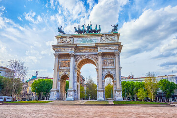 Fototapeta premium Arco della Pace the grand triumphal arch located at the center of Piazza Sempione in Milan, Italy