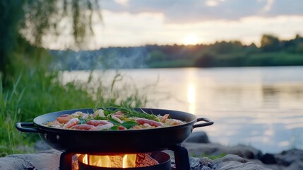 Delicious paella cooked outdoors by a river at sunset