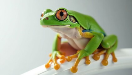Obraz premium Green tree frog perched on white, vibrant skin, amphibian, biology
