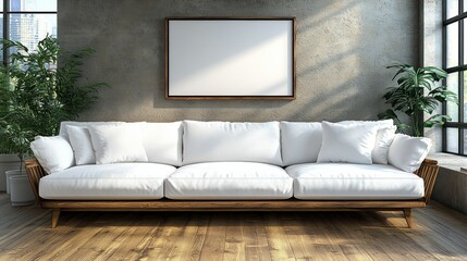 Modern, minimalist living room with white sofa and blank frame