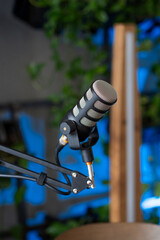 Live broadcast of an interview featuring a microphone set in a vibrant podcast studio with greenery
