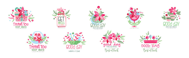 Thank You, Good Day, Get Well Flower Logo Design Vector Set
