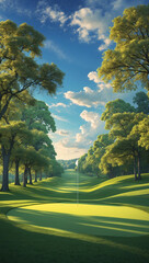 A breathtaking view of a golf course, bathed in the warmth of sunlight. The scene showcases the lush green grass of the fairway and a flag in the distance, framed by trees and a vibrant blue sky.