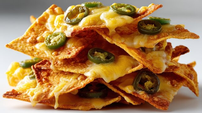 a stack of crispy golden nachos with melted cheese and jalapenos on a white isolated background, savory and indulgent design