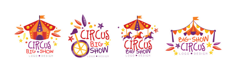 Circus Show Bright Logo and Label Design Vector Set