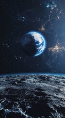 A stunning view of Earth from the Moon, showcasing vibrant blue oceans and swirling clouds amidst a starry backdrop.