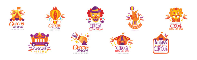 Circus Show Bright Logo and Label Design Vector Set
