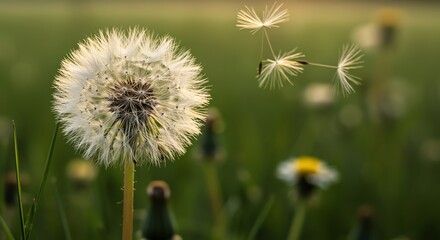 Fototapeta premium Dandelion Seeds Blowing in the Wind on a Summer Day