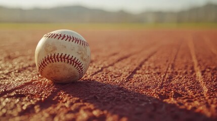 Close-up of baseball on dirt field at sunrise