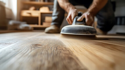 Man Sanding a Wooden Floor with an Orbital Sander