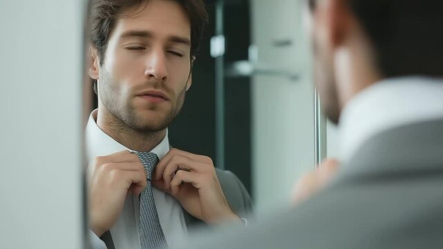 1_Young man adjusting tie in mirror before important meeting