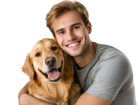 Photorealistic portrait of a happy man with his golden retriever dog, transparent background, PNG file with a white background, transparent background,