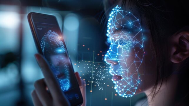 Woman using facial recognition on smartphone with digital face overlay for security access control