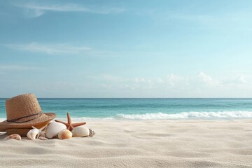 Relaxing beach view with shells and a straw hat on golden sand near tranquil ocean water