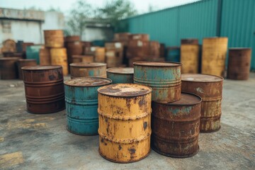 Rusty metal barrels in a storage yard surrounded by an industrial landscape