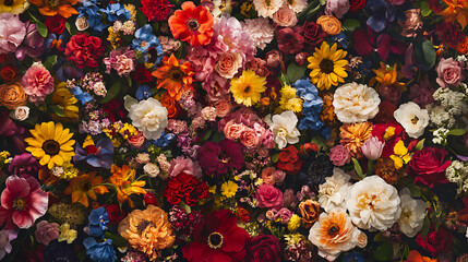 A full-frame, ultra-high-resolution photograph of a vibrant, colorful bouquet of fresh flowers. 