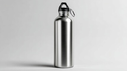 a sleek, modern stainless steel water bottle on a white isolated background, practical and eco-friendly design