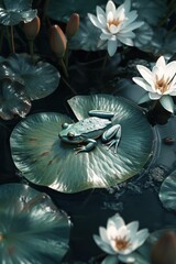 Obraz premium A green frog resting on a vibrant lily pad surrounded by blooming white water lilies.