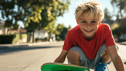 A photograph of a playful young boy around 10 years old, with spiky blonde hair, big expressive eyes, and a mischievous smile.