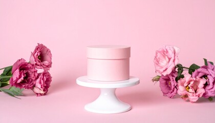 A vibrant pink color box displayed elegantly on a white swivel pedestal, surrounded by beautiful pink flowers on a soft pink background, creating a romantic and charming atmosphere