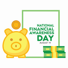 Financial Awareness Day: A vivid illustration promoting financial literacy, featuring a piggy bank, a coin, and a stack of currency against a simple backdrop.