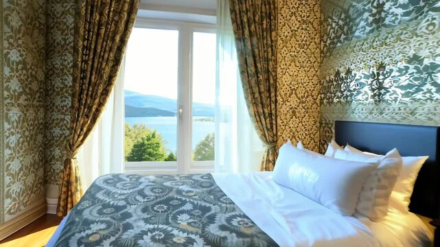 Charming Bedroom with Inviting Bed, Floral Wallpaper, and Bay Window View