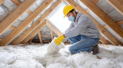 Fototapeta premium Attic Insulation Installation Worker - A construction worker wearing a mask and gloves installs attic insulation, ensuring proper home energy efficiency