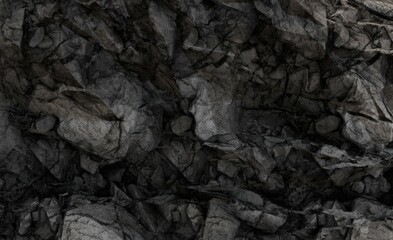 Close-up view of rugged, dark gray and brown rock face with intricate cracks and crevices