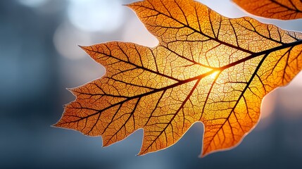 Fototapeta premium Autumn Leaf Backlit by Sun - Close-up of a translucent autumn leaf with sunlight shining through, showcasing intricate veins. Beautiful nature