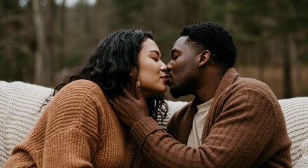 Fototapeta premium Diverse couple sharing a romantic kiss, representing different ethnicities (e.g., a Black person and an Asian person, or an interracial couple), outdoor setting with soft natural light.