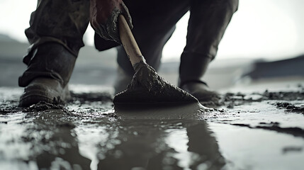 Construction Worker Using a Trowel in Wet Concrete