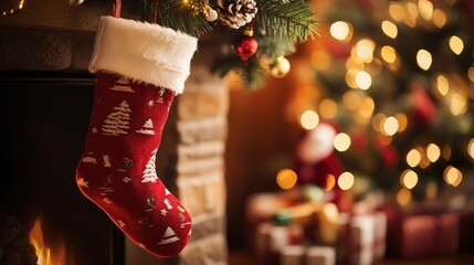 Festive christmas stocking hangs by fireplace, decorated for the holidays.