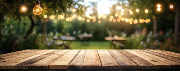 Rustic wooden table surface in a garden setting.