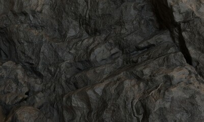 Dark, textured rocky mountain landscape.  Intricate, layered geological formations